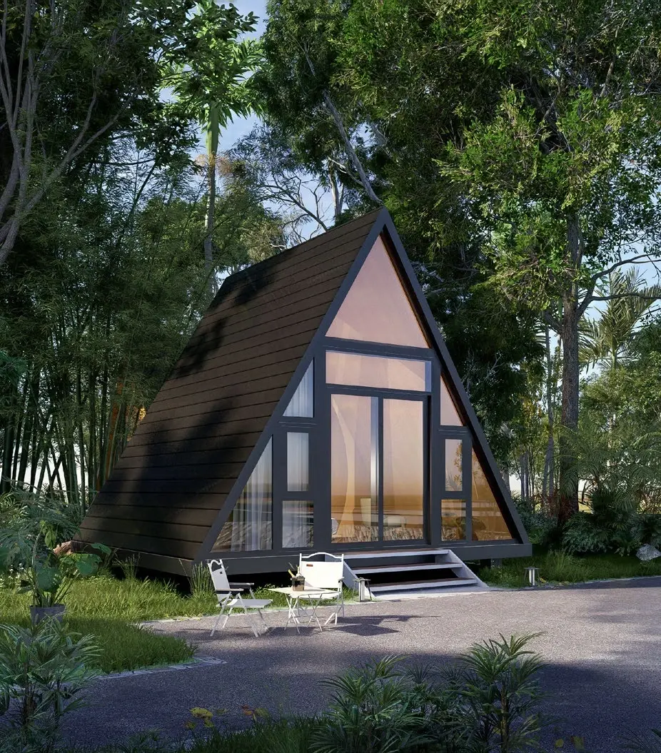 Compact A-frame cabin in a wooded setting